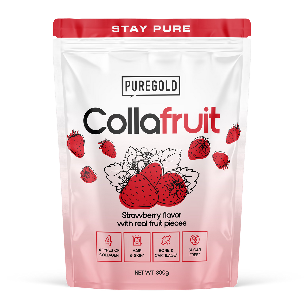 Embalagem Puregold Collafruit de colagénio sabor morango, 300 g